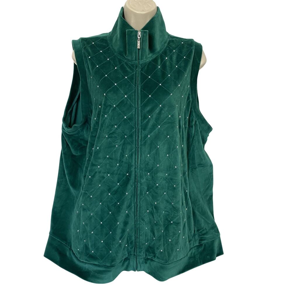 Quacker Factory Sparkle Velour Vest 1X Green Rhinestone Quilted Christmas Zip Up